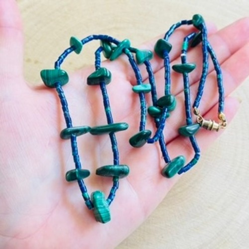 VTG Green Malachite Stone Beaded Necklace blue lapis Natural Genuine Collar 25"L